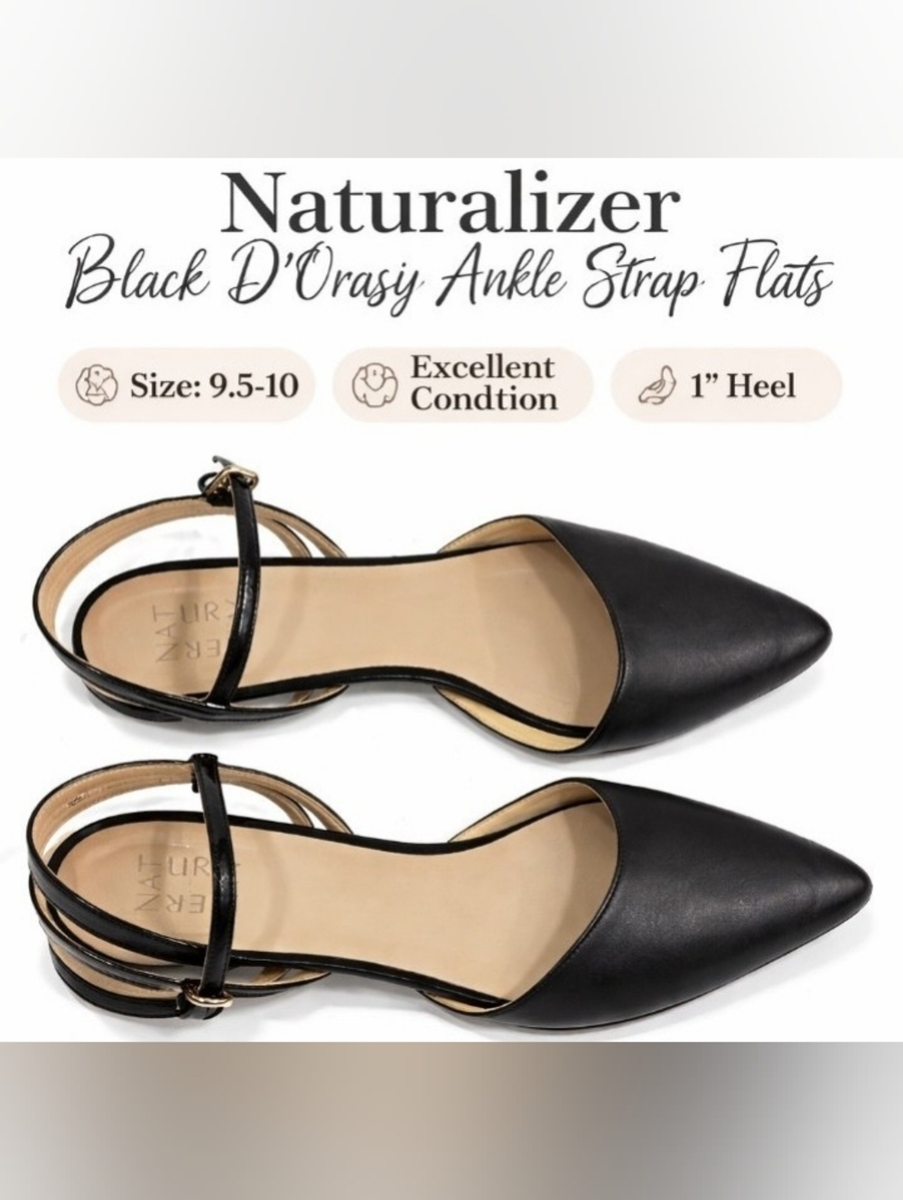 Naturalizer Black Pointed D'Orsay Ankle Strap Flats